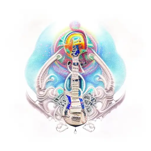 A realistic guitar with a psychedelic drug-inspired background tattoo design idea