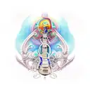 A realistic guitar with a psychedelic drug-inspired background tattoo design idea