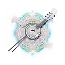 A realistic guitar with a psychedelic drug-inspired background tattoo design idea