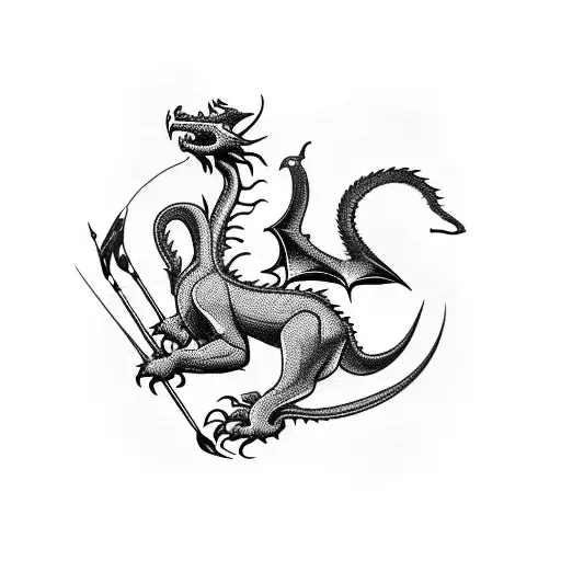 A sleek blackwork design of a dragon and a ram locked in a fierce battle, incorporating elements of archery equipment like arrows and bows tattoo design idea