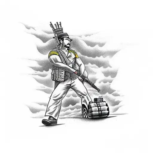 Battlefield landscape with self-propelled howitzers tattoo design idea