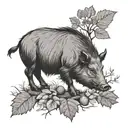 boar, wild boar, forest oak, acorn tattoo design idea