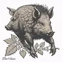 boar, wild boar, forest oak, acorn tattoo design idea