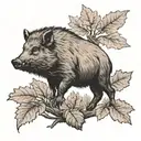 boar, wild boar, forest oak, acorn tattoo design idea