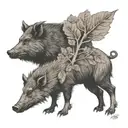 boar, wild boar, forest oak, acorn tattoo design idea