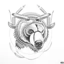 Mechanic holding a needle and thread, with a bear and bull in the background tattoo design idea