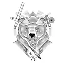 Mechanic holding a needle and thread, with a bear and bull in the background tattoo design idea