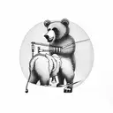 Mechanic holding a needle and thread, with a bear and bull in the background tattoo design idea