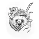 Mechanic holding a needle and thread, with a bear and bull in the background tattoo design idea