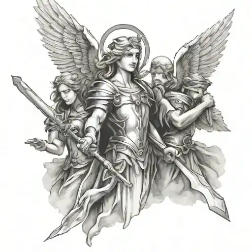 three guardian angels, (the first angel will be holding a sword), (the second angel will be holding a shield), (the thir tattoo design idea