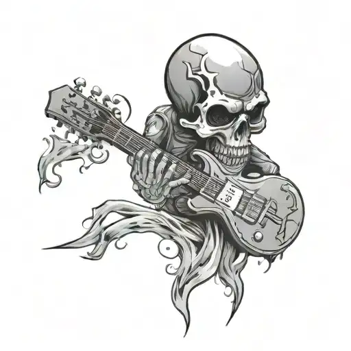 detailed rock n' roll angry skull and electro guitar tattoo design idea