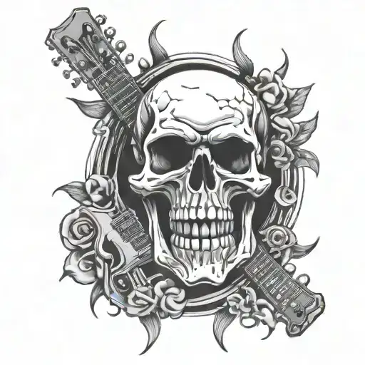 detailed rock n' roll angry skull and electro guitar and rock n' roll hands tattoo design idea