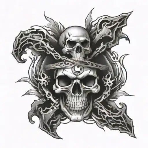 cross hands rock n roll and detailed angry skull soft shading tattoo design idea