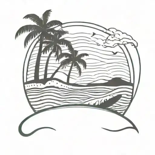waves, sea, palm tree, surfboard silhouette tattoo design idea