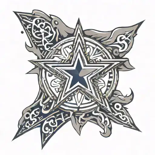 Dallas Cowboys star surronded by Texas Rangers city connect logo and the dallas mavericks logo with a M and a little hat tattoo design idea