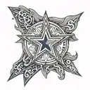 Dallas Cowboys star surronded by Texas Rangers city connect logo and the dallas mavericks logo with a M and a little hat tattoo design idea