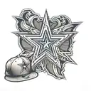 Dallas Cowboys star surronded by Texas Rangers city connect logo and the dallas mavericks logo with a M and a little hat tattoo design idea