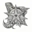 Dallas Cowboys star surronded by Texas Rangers city connect logo and the dallas mavericks logo with a M and a little hat tattoo design idea