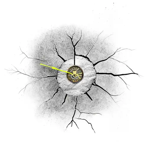 broken clock with tree roots coming through it tattoo design idea