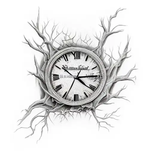 broken clock with tree roots coming through it tattoo design idea