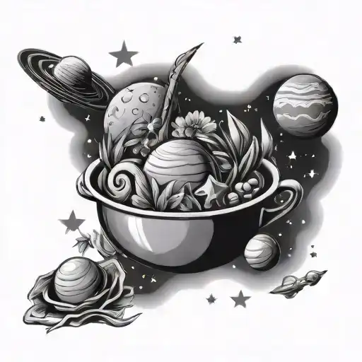 cook a delicious dish with planets and stars as ingredients tattoo design idea