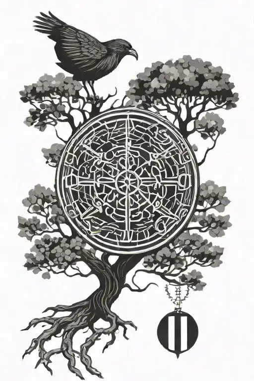 Vegvisir symbol above Yggdrasil tree with hugin munin and add geometric line patterns tattoo design idea