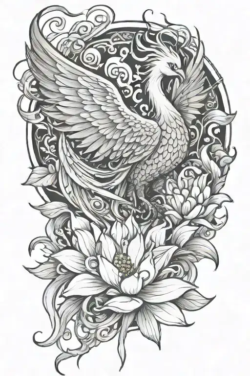 feminine phoenix with lotus flower tattoo design idea
