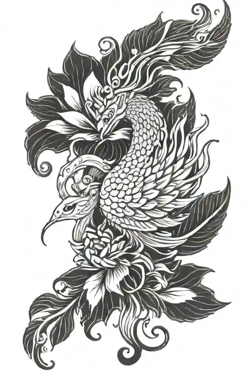 feminine phoenix with lotus flower tattoo design idea