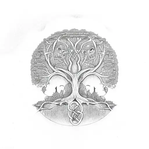 tree of life with celtic motherhood knot as the roots tattoo design idea