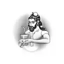 A bartender mixing a cocktail with intricate details and a touch of Lord Shiva symbolism tattoo design idea