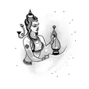 A bartender mixing a cocktail with intricate details and a touch of Lord Shiva symbolism tattoo design idea