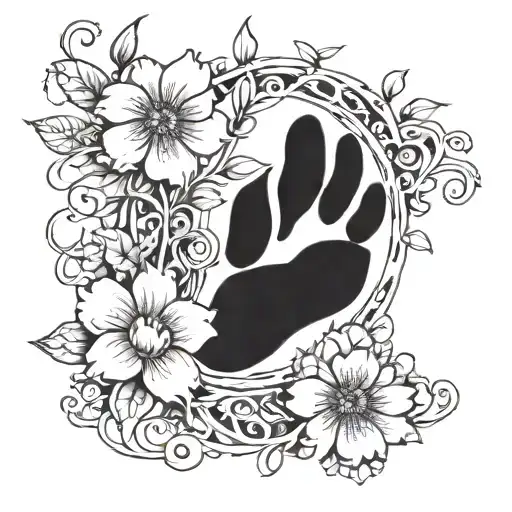 paw print hidden behind a flower blooming with vines descending down arm tattoo design idea