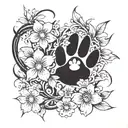 paw print hidden behind a flower blooming with vines descending down arm tattoo design idea