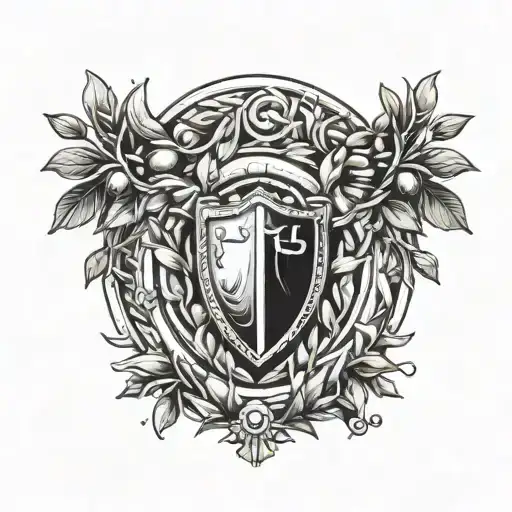 olive wreath in a semicircle with a knight's shield inside tattoo design idea