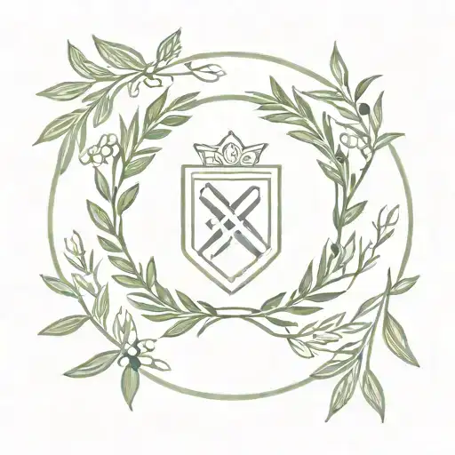 olive wreath in a semicircle with a knight's shield inside tattoo design idea