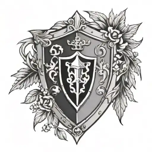 Generate a black and white tattoo where a pointed medieval knight's shield is located inside an olive half-wreath tattoo design idea