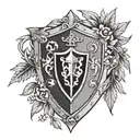 Generate a black and white tattoo where a pointed medieval knight's shield is located inside an olive half-wreath tattoo design idea