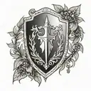 Generate a black and white tattoo where a pointed medieval knight's shield is located inside an olive half-wreath tattoo design idea