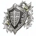 Generate a black and white tattoo where a pointed medieval knight's shield is located inside an olive half-wreath tattoo design idea