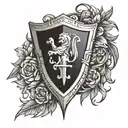 Generate a black and white tattoo where a pointed medieval knight's shield is located inside an olive half-wreath tattoo design idea