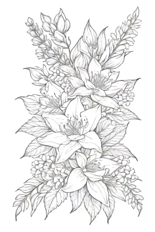 bouquet with larkspur and waterlily tattoo design idea