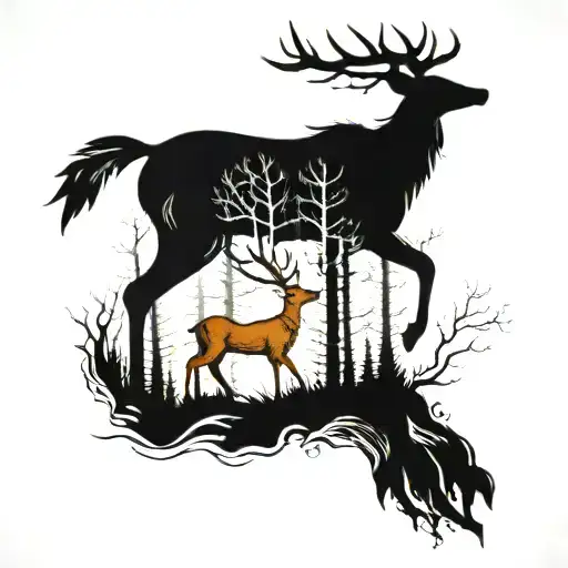 thin spine lines, forest, deer tattoo design idea