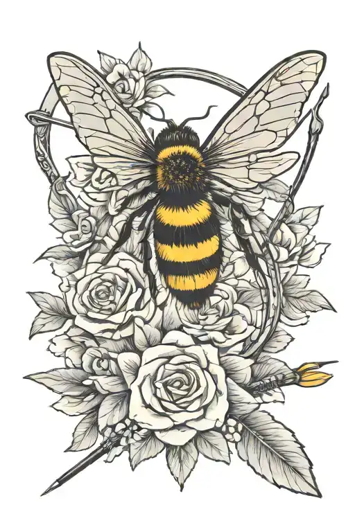 mother, vinyl record, archery bow and arrow, bee flying tattoo design idea