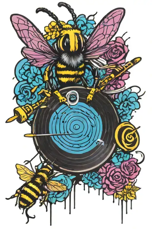 archery bow, bee perched, vinyl record, grandma figure hugging tattoo design idea