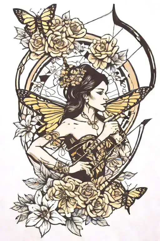 mother daughter, vinyl record, archery bow and arrow, bee tattoo design idea