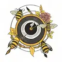 archery bow, vinyl record, bee flying, mother daughter tattoo tattoo design idea