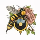 archery bow, vinyl record, bee flying, mother daughter tattoo tattoo design idea