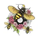 archery bow, vinyl record, bee flying, mother daughter tattoo tattoo design idea