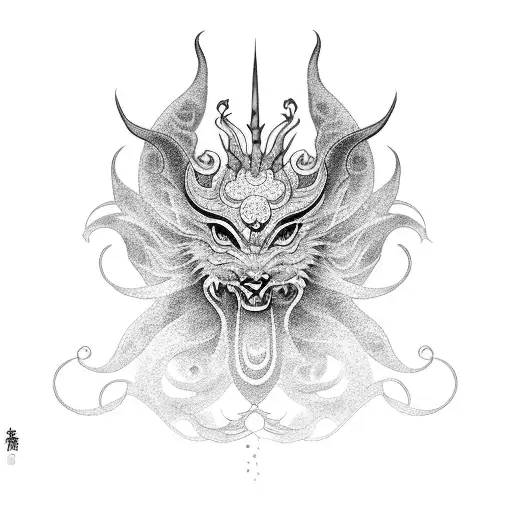 A dotwork tattoo of a mythical creature from Japanese mythology, like a Kirin or Nue tattoo design idea