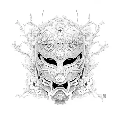 An intricate design of a Japanese war mask with cherry blossoms, representing strength and resilience tattoo design idea